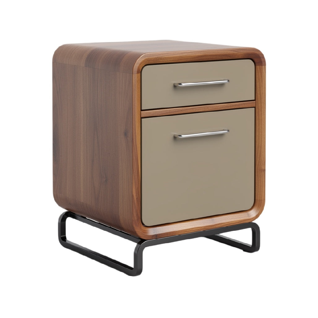Modern Two-Drawer Nightstand with Wooden Finish and Metal Base