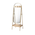 Modern Freestanding Mirror with Hooks and Wooden Base