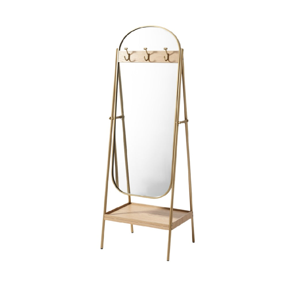 Modern Freestanding Mirror with Hooks and Wooden Base